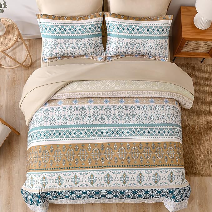 WONGS BEDDING Boho Comforter Set King, 7 Pieces Beige Striped Bed in a Bag Comforter and Sheet Set, Bohemian Floral Striped Comforte Bedding Set,Soft Microfiber Complete Set for All Seasons 104" x 90"