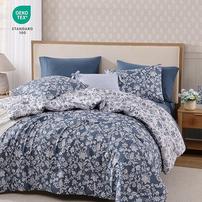Twin XL Comforter Set -5 Pieces Floral Oxford Blue Bedding Set for All Seasons, Bed in a Bag with Botanical Flowers Comforter, Sheets, Pillowcase & Sham