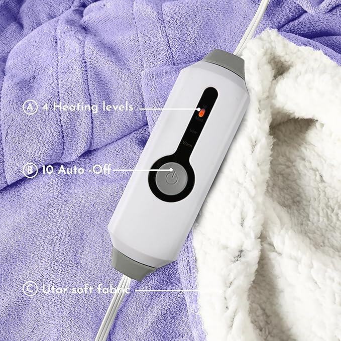 Electric Heated Blanket 84"x90" Queen Size Microplush Cover Blanket, 4 Heat Settings & 10 Hours Auto Off, Cozy & Warm for All Night, Machine Washable, Light Purple