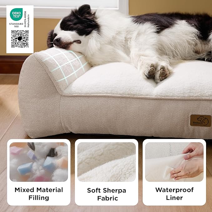 Bedsure SupportMax Orthopedic Dog Beds Large Sized Dog - Extra Thick Supportive Large Dogs Bed with Waterproof Washable Cover, L Plus Comfort Pet Sofa with Soft Sherpa and Nonskid Bottom, Beige, 38"