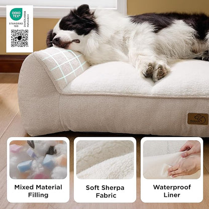Bedsure SupportMax Orthopedic Dog Beds Large Sized Dog - Extra Thick Supportive Large Dogs Bed with Waterproof Washable Cover, L Plus Comfort Pet Sofa with Soft Sherpa and Nonskid Bottom, Beige, 38"