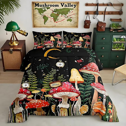 Feelyou Kids Mushroom Bedding Set Natural Wild Fungus Comforter Set for Kids Boys Girls Botanical Plants Duvet Set Butterfly Comforter 1 Comforter Set with 1 Pillowcase Toddler Size