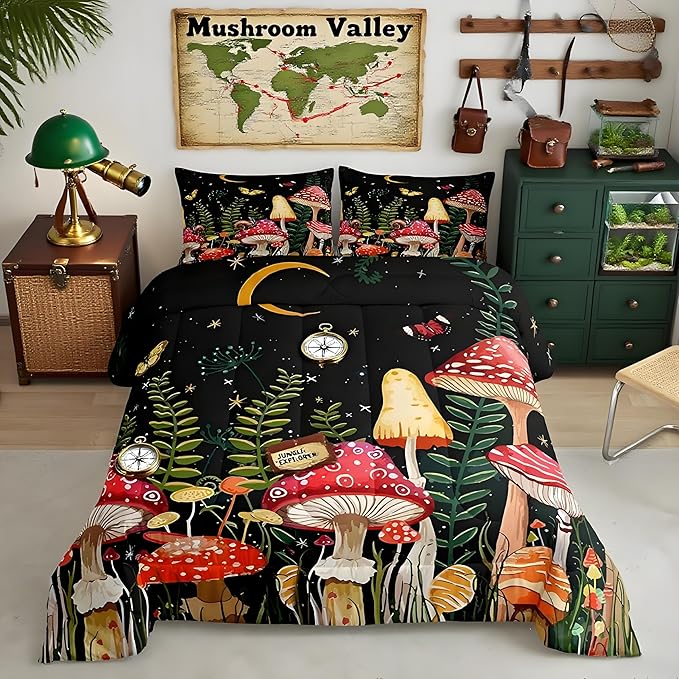 Feelyou Kids Mushroom Bedding Set Natural Wild Fungus Comforter Set for Kids Boys Girls Botanical Plants Duvet Set Butterfly Comforter 1 Comforter Set with 2 Pillowcases King Size