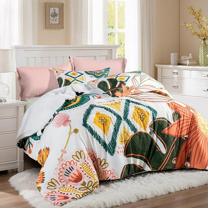 Boho Floral Twin Comforter Set - 2 Piece Farmhouse Botanical Bedding Comforter Sets for All Season Soft Lightweight Mid Century Modern Bed Set, (1 Reversible Comforter and 1 Pillow Sham