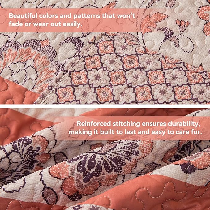 Bohemian Queen Size Quilt Comforter Sets 3 Pieces Quilts (1 Quilt, 2 Pillow Shams) Nordic Bedding Set Printed Coverlet with Pillowcase Lightweight Bedspread Set for All Seasons(Pink)
