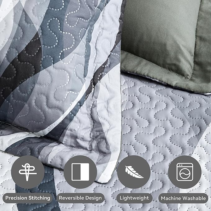weesire Classic Line Pattern Bedding Quilt Queen Size Modern Grey Black and White Stripe Quilt with 2 Shams, Gray and White Comforter Sets Lightweight Breathable Bedspreads Coverlet, 90''x96''