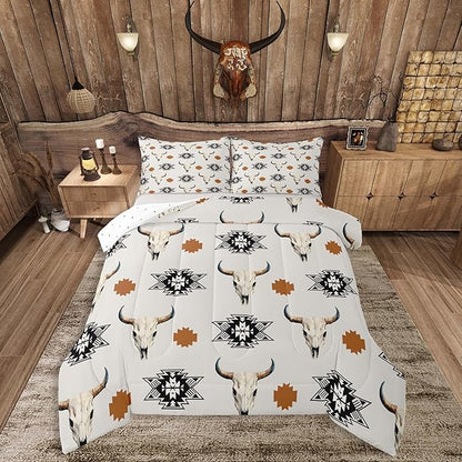 Feelyou Khaki Bull Skull Comforter Set Toddler Size Kids Western Aztec Duvet Quilt for Boys Girls Teens Southwestern Bohemian Boho Wild Cowboy Tribal Rustic Bedding Set Room Decor 2Pcs