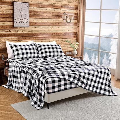 BEDELITE Flannel Sheets Queen Size Bed Set, Luxury Red and Black Plaid Winter Bedding Set, Super Soft & Warm Fuzzy Fleece Sheets 4 Piece(Include Fitted Sheet, Flat Sheet, 2 Pillowcases)