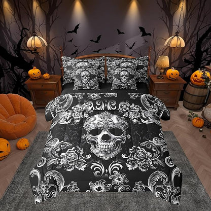 Castle Fairy Halloween Skeleton Comforter Set Full Size,Halloween Gothic Skull Bedding Set,White Lace Flowers Print Bed Set 7 Pieces(Comforter+Fitted+Flat Sheet+Pillowcase+Pillow Cover)