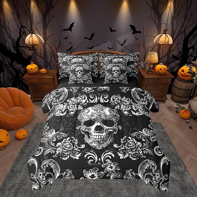Gothic Skull Comforter Set in a Bag 7 Pieces,Halloween Flower Skeleton Bed Set Twin,Bohemian Victorian Style Bedding Sets,(1 Comforter,2 Pillowcase,2 Pillow Covers,1 Flat Sheet,1 Fitted Sheet)