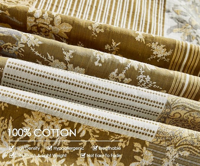 SLEEPBELLA Washed Double Layer Muslin 100% Cotton Comforter Set King Size, Boho Yellow Patchwork Fluffy Thick Checked Bedding Set, Soft Breathable (1 Comforter, 2 Pillow Shams)