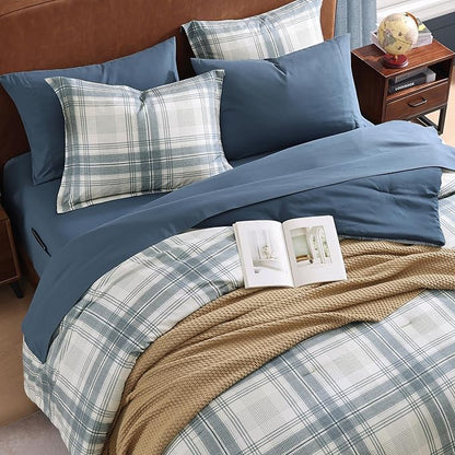 MaiRêve Plaid Full Comforter Sets, Blue Grey Grid Farmhouse Bedding Set Bed in A Bag, Classic Checkered Comforter Sets with Fitted & Flat Sheet, Pillowcases & Shams(Blue Grey, 80"x90")