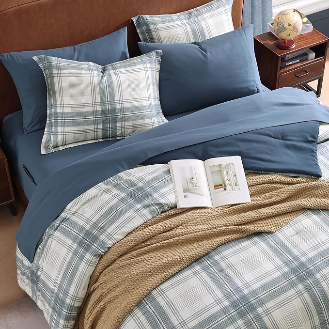 MaiRêve Plaid Twin XL Comforter Set, Blue Grey Grid Bedding Set for Boys & Girls, Classic Checkered Bed in A Bag Comforter Sets with Fitted & Flat Sheet, Pillowcase & Sham(Blue Grey, 66"x90")