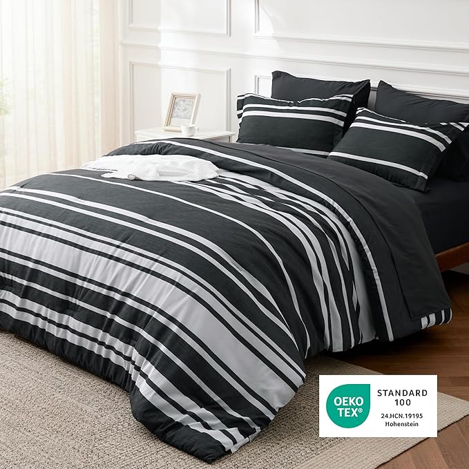 Bedsure Queen Comforter Set 7 Pieces, Black Striped Bedding Set for All Seasons, Reversible, Cationic Dyeing Bed in a Bag with Comforter, Sheets, Pillowcases & Shams