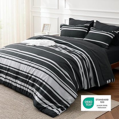 Bedsure Full Comforter Set 7 Pieces, Black Striped Bedding Set for All Seasons, Reversible, Cationic Dyeing Bed in a Bag with Comforter, Sheets, Pillowcases & Shams