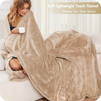 Electric Heated Blanket Twin Size 62"×84", Breathable & Luxurious Flannel, Soft Warm Gift with Over-Heat Protection, 4 Heating Levels & 10 H Auto Shut Off, Machine Washable, Light Brown