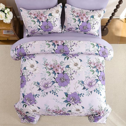 Xruibed Purple Floral Comforter Set Queen Size 7 Pieces Bed in a Bag Flower Comforter Set with Sheet, Pillowcases, Pillowshams, Soft Microfiber Bedding Set for All Season (Queen 90''x90'')