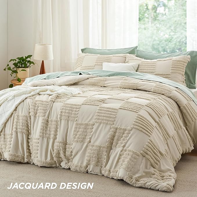 Bedsure Full Size Comforter Set Linen, Boho Tufted Bed Set, Grande Checkered Farmhouse Shabby Chic Bedding, 3 Pieces, 1 Plaid Geometric Comforter and 2 Pillow Shams