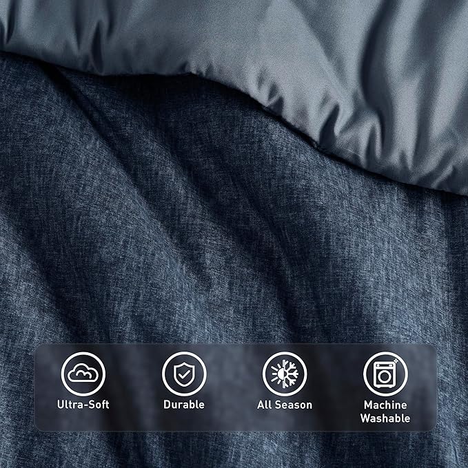 Twin/Twin XL Size Comforter Set, Lightweight Navy Soft Bedding for All Seasons, 2 Pieces Chambray Print Solid Farmhouse Bed Set, Comforter & Shams