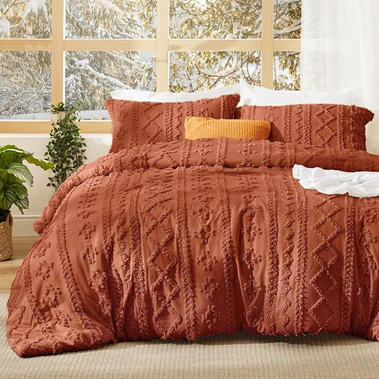 Bedsure Tufted Boho Comforter Set Full Size - Terracotta Boho Bed Set, GentleSoft™ 3 Pieces Farmhouse Shabby Chic Embroidery Bedding, Gifts for Woman, Soft Jacquard Full Comforter for All Seasons