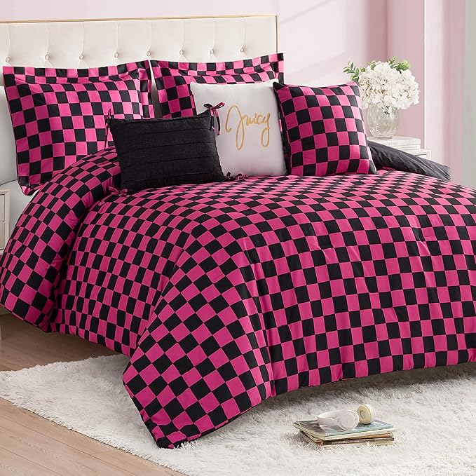 Juicy Couture Reversible Checkerboard Comforter Set 5-Piece Twin/Twin XL Set, Black/Hot Pink