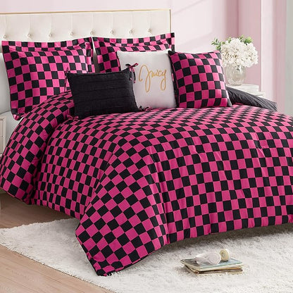 Juicy Couture Reversible Checkerboard Comforter Set 6-Piece Full/Queen Set, Black/Hot Pink