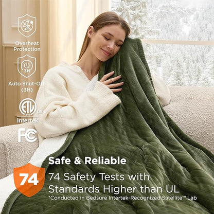 Bedsure Heated Blanket Throw Blanket - Fast Heating Electric Blanket, Soft Flannel Heated Throw with 4 Time Settings, 6 Heating Settings, Warm Gifts for Grandma (50x60 inches, Olive Green)
