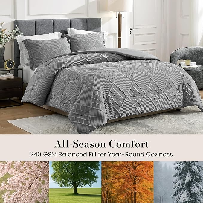 Amélie Home Queen Comforter Set, 3 Piece Grey Jacquard Bedding Set with 2 Pillow Cases, Soft Microfiber Diamond Design, Lightweight All-Season for Bedroom & Dorm