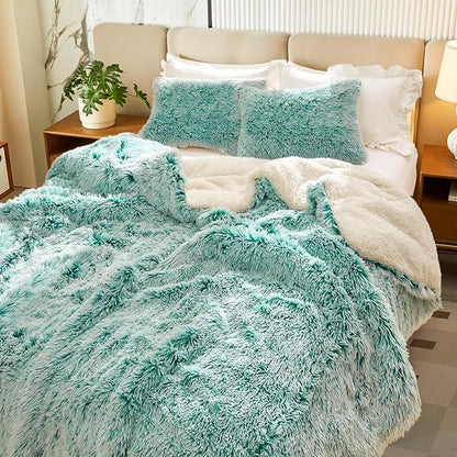 Flysheep Luxury Faux Fur Shaggy Fluffy Comforter Set Full/Queen Size Mixed Aqua and White Long Hair, 3 Pieces Plush Flannel Sherpa Backing Reversible Soft Microfiber Bedding Set Super Warm for Winter