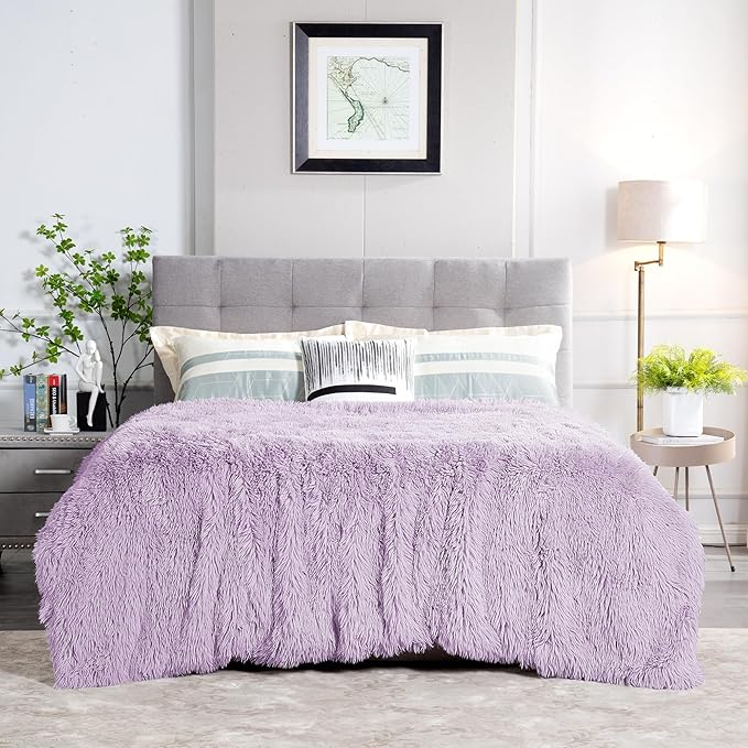 JONIYEAR Extra Large Decorative Fluffy Faux Fur Blanket Full Size 71" x 80", Soft Luxury Lightweight Furry Blankets, Accent Cozy Shaggy Plush Fuzzy Blankets for Bed, Thick Warm Winter Blanket, Purple