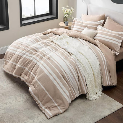 Bedsure Queen Comforter Set 7 Pieces, Light Camel Striped Bedding Set for All Seasons, Reversible, Cationic Dyeing Bed in a Bag with Comforter, Sheets, Pillowcases & Shams