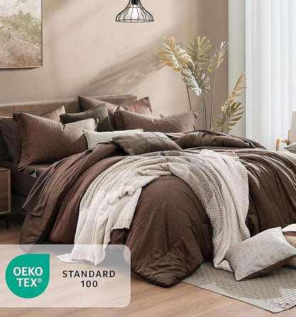 Monbix Queen Comforter Set - 7 Pieces Cationic Dyeing Chocolate Brown Bed in a Bag Queen Bedding Sets with Comforter, Sheets, Pillowcases & Shams, Reversible Bedding Comforters Sets