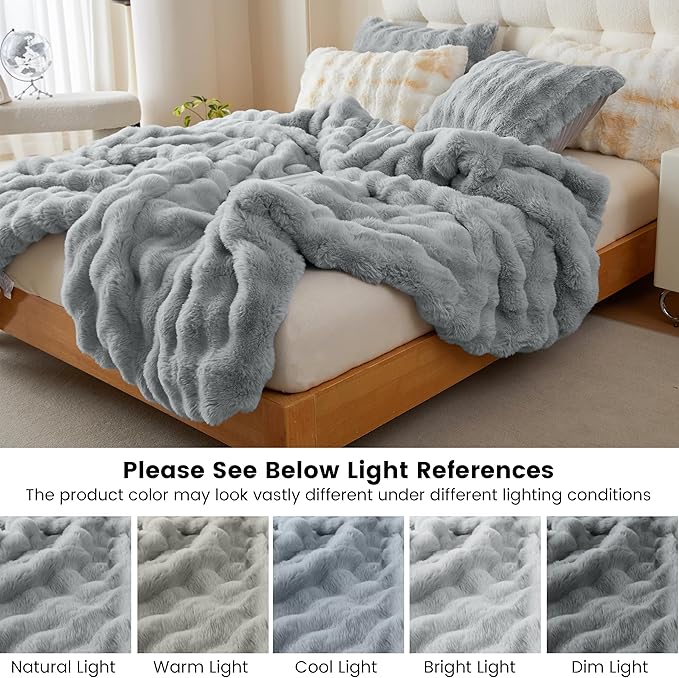 Simple&Opulence Fluffy Faux Fur Comforter Set, Plush Fuzzy Minky Bedding Set 3 Pieces Warm Soft Comforter Bedding Set for Winter - 1 Shaggy Comforter with 2 Pillow Shams (King, Light Grey)