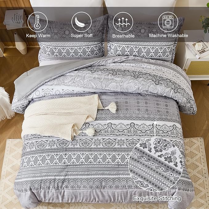 Goodidea Boho Comforter Set King Size 3 Piece Grey Bohemian Striped Comforter Soft Lightweight Microfiber Bedding Set with 2 Pillow Shams for All Season (King, 104"X90")