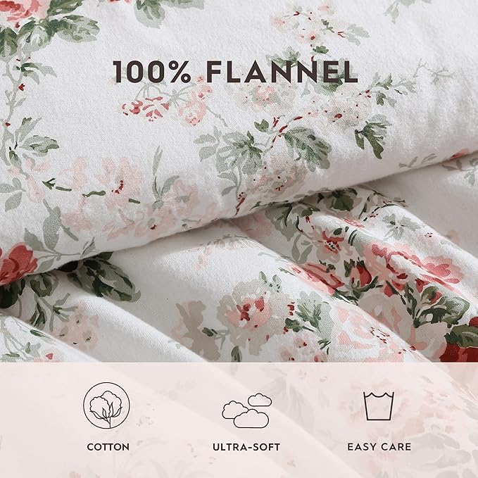 Laura Ashley - Queen Comforter Set, Reversible Brushed Cotton Flannel Bedding with Matching Shams, Luxuriously Soft & Warm Home Decor (Ashfield Red, Queen)