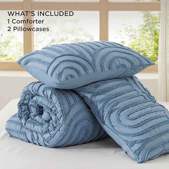 Bedsure Boho Tufted Blue Comforter King Size, GentleSoft™ 3 Pieces Boho Farmhouse Decor Bedding, Arch Shabby Chic Bedding for All Seasons, 1 Bed Comforter, 2 Pillow Shams, 104x90 Inches