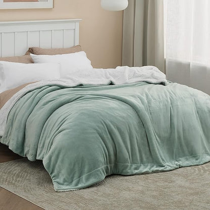 Bedsure GentleSoft Sherpa Fleece Blankets Queen Size for Bed - Thick and Warm Throw for Women and Men, Soft Fuzzy Plush Queen Blanket for Winter, Non-Heated, Sage Green, 90x90 Inches