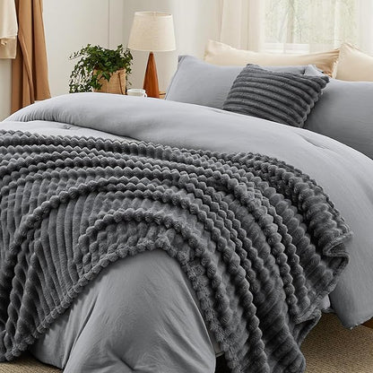 Bedsure Full Comforter Set 5 Pieces - Bed in a Bag with Fleece Throw Blanket and Decorative Pillow, Lightweight Bedding Comforter Sets, All Season Bedding, Dark Grey
