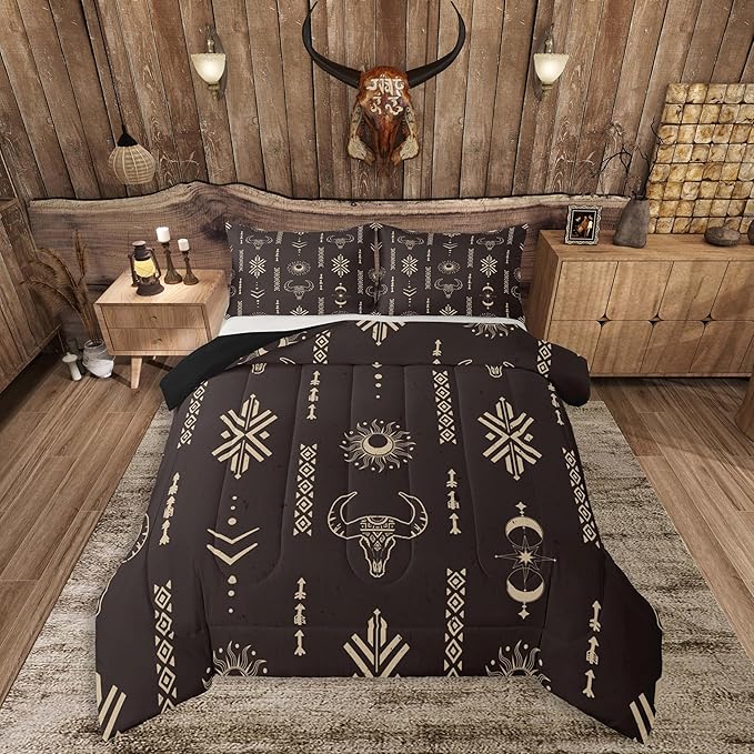 Feelyou Kids Western Decor Comforter Set Southwestern Bedding Set Full Size Bedroom Decor Longhorn Skull Sun Moon Wild Western Cowboy Geometric Comforter Brown Duvet Set with 2 Pillow Case