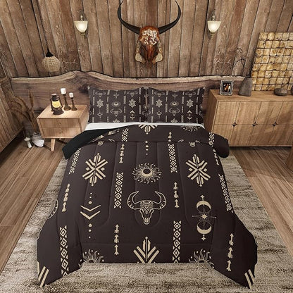 Feelyou Kids Western Decor Comforter Set Southwestern Bedding Set Twin Size Bedroom Decor Longhorn Skull Sun Moon Wild Western Cowboy Geometric Comforter Brown Duvet Set with 1 Pillow Case