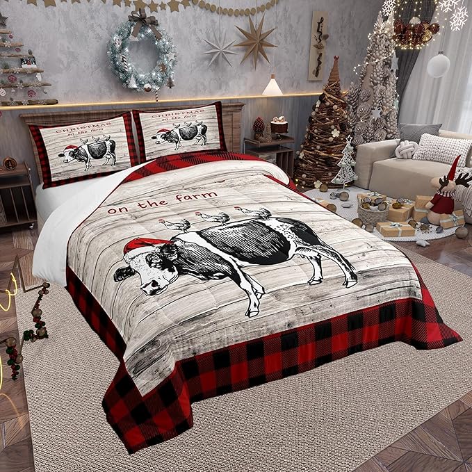 Christmas Farm Boys Kids Comforter Set Full Size,Vintage Wooden Plank Red Grids Duvet Set Room Decor,Cartoon Cow Chicken Brushed Microfiber Soft Bedding Comforter