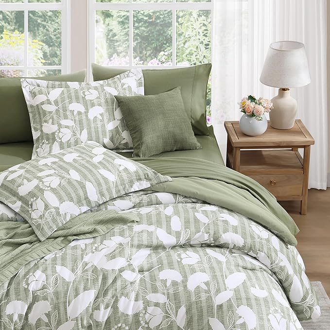 Full Comforter Set -7 Pieces Sage Green Floral Comforter Set for All Seasons, Bed in a Bag Full with Botanical Flowers Comforter, Sheets, Pillowcases & Shams