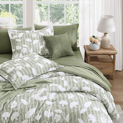 Full Comforter Set -7 Pieces Sage Green Floral Comforter Set for All Seasons, Bed in a Bag Full with Botanical Flowers Comforter, Sheets, Pillowcases & Shams