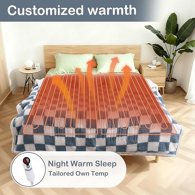 Electric Heated Blanket Full Size 72"×84" with 9 Heating Levels & 1-10Hs Auto Off, Checkered Plaid Double Sided Sherpa, Energy Efficient, Machine Washable, for Couch & Bed, Light Blue