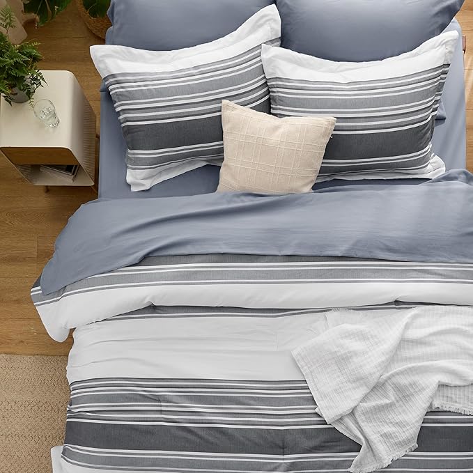 Bedsure Full Comforter Set 7 Pieces, Dark Grey Striped Bedding Set for All Seasons, Reversible, Cationic Dyeing Bed in a Bag with Comforter, Sheets, Pillowcases & Shams