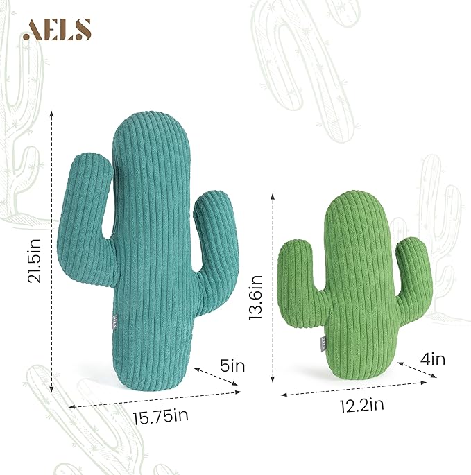 AELS Set of 2 Cactus Decorative Throw Pillows, 22"&14" Corduroy Striped Cactus Plush Pillow Set, Office Nap Pillow, Cute Succulent Throw Pillow for Nursery Bedroom Room Decor, Blue Green & Grass Green