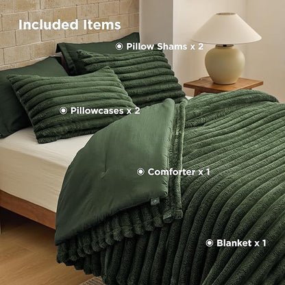 Bedsure Gentlesoft 2-in-1 King Size Comforter Set and Detachable Fluffy Blanket, Olive Green Bedding Set for All Season Use, SnapTech Design for Space Saving(Includes 2 Pillow Shams,2 Pillowcases)