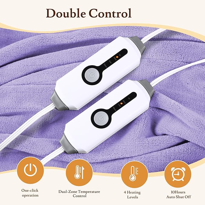 Electric Heated Blanket 90"x100" King Size - 4 Heat Settings & Dual Controllers, 10H Auto Shut Off, Ultra-Soft Coral Fleece Heated Blanket with Overheat Protection, Light Purple