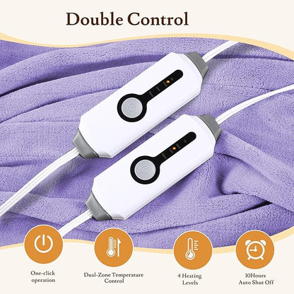 Electric Heated Blanket 90"x100" King Size - 4 Heat Settings & Dual Controllers, 10H Auto Shut Off, Ultra-Soft Coral Fleece Heated Blanket with Overheat Protection, Light Purple