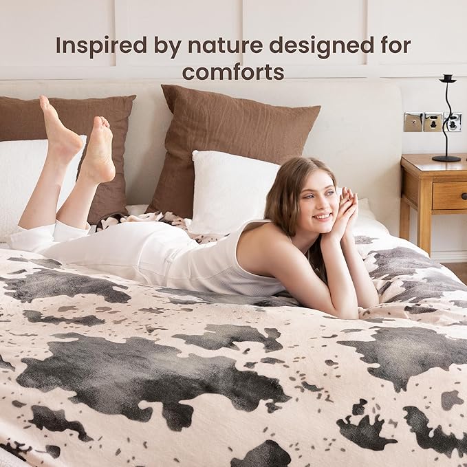 Cow Print Electric Heated Blanket Queen-Dual Control Heating Blanket Queen Size with 10 Heat Levels & 10 Hours Auto-Off, Cozy Soft Fleece Sherpa, Washable, 84x90 Inche Cow Print Light Coral